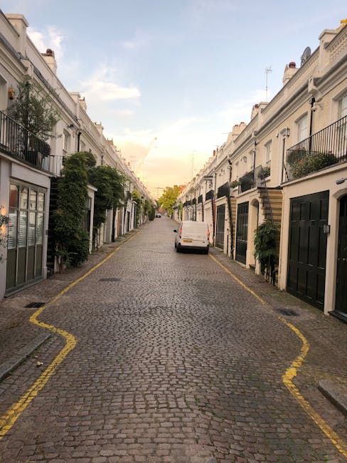 A row of terraced townhouses in Chelsea with cobbled street in front, featuring mixed exterior wall finishes in shades of blue, beige, and black. Each property has small front gardens or potted plants with various containers like terracotta, plastic, and metal pots. Some houses display small balconies with black metal railings and flower boxes. Large windows with divided panes are visible, alongside front doors painted in coordinating colours. The scene is illuminated by natural daylight, highlighting the textures of the brick and plaster facades. This image reflects the typical urban residential setting where house removals and furniture transport may occur, with visible features suitable for professional relocation and packing services by companies such as Removal Companies Chelsea, supporting house moving logistics in Chelsea mews and townhouses.